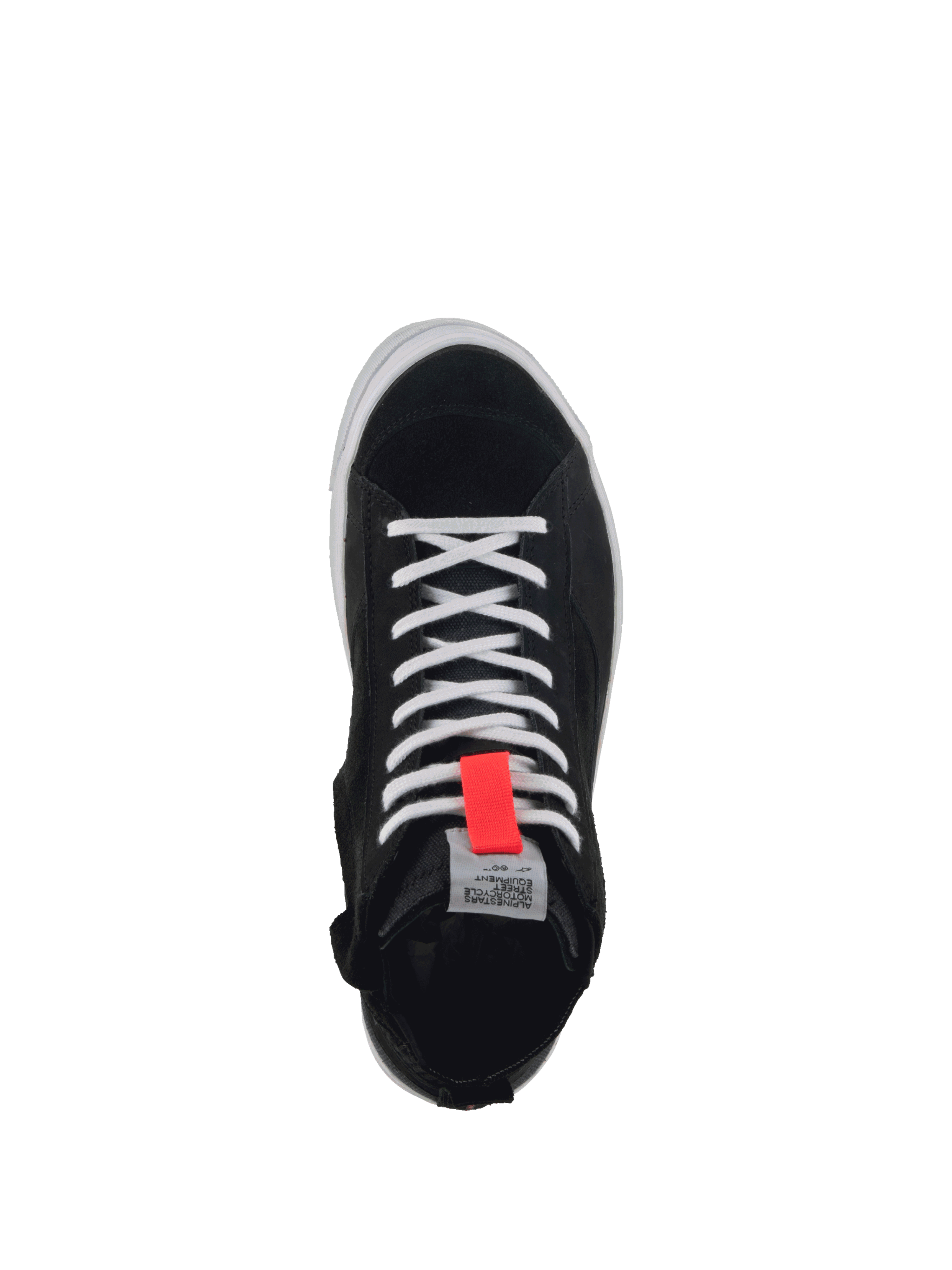 Alpinestars Stella Stated Podium, zapatos de moto urbanos para mujer, negros y blancos con detalle rojo, vista superior.