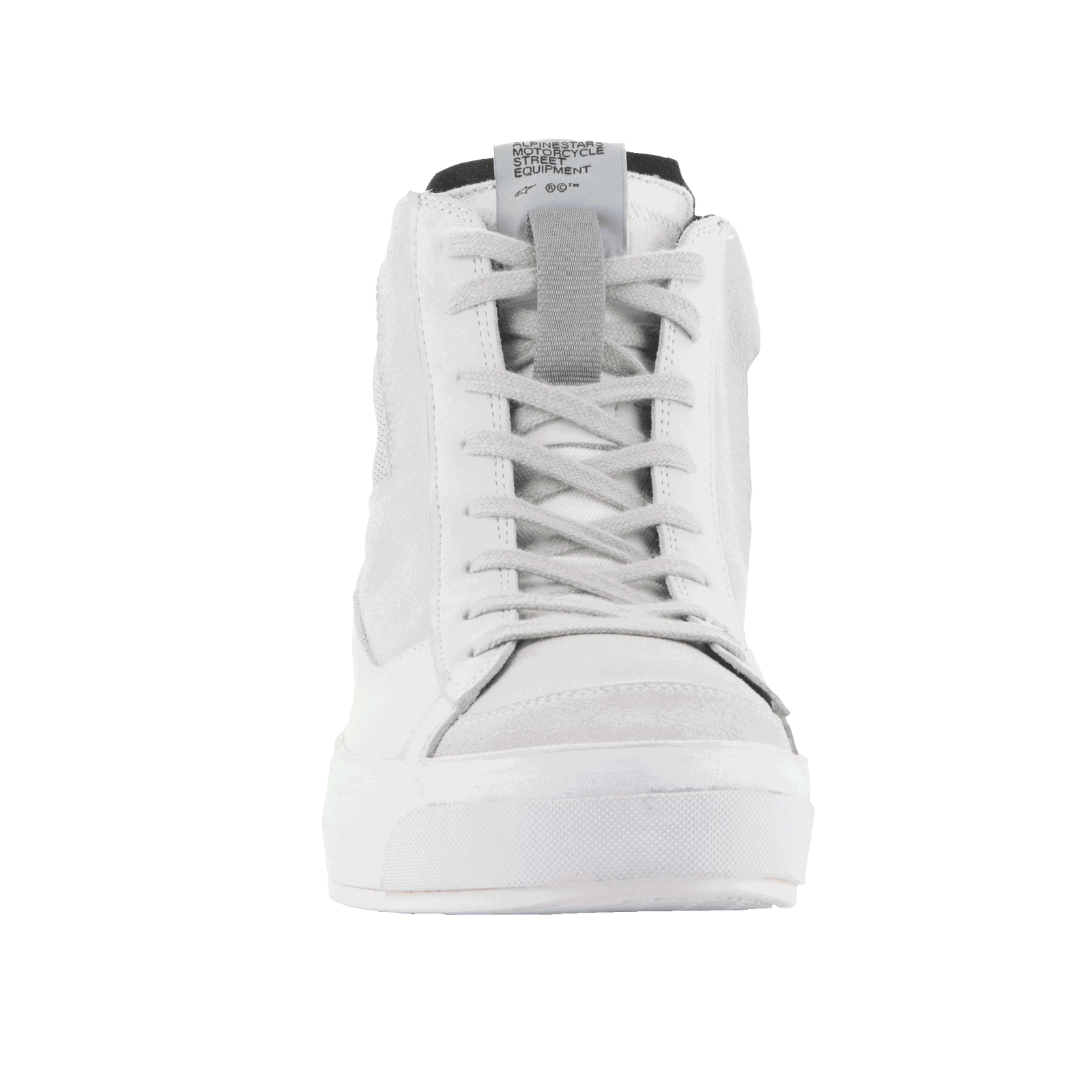 The Stella Stated Podium Shoes by Alpinestars EU are white high-top sneakers crafted for an urban riding environment. They feature lace-up fronts, textured sides, and slightly raised rubber soles. Designed for a women’s fit, these shoes have a subtle logo on the outer surface and appear brand new against a plain black background.