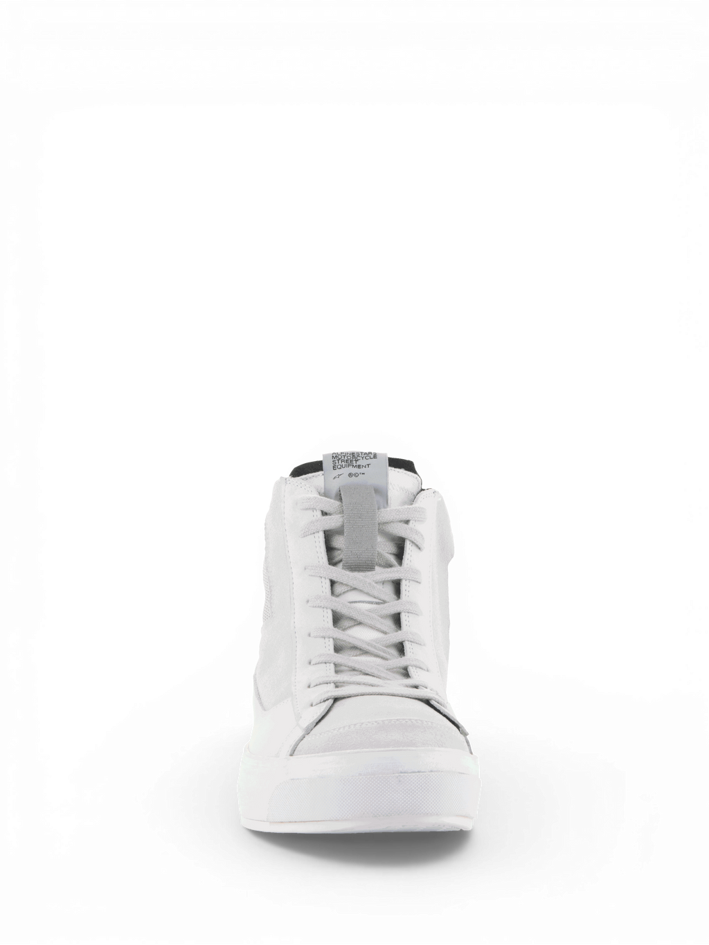 Alpinestars Stella Stated Podium, zapatos de moto para mujer, blanco y gris frío, estilo urbano retro skate, vista frontal