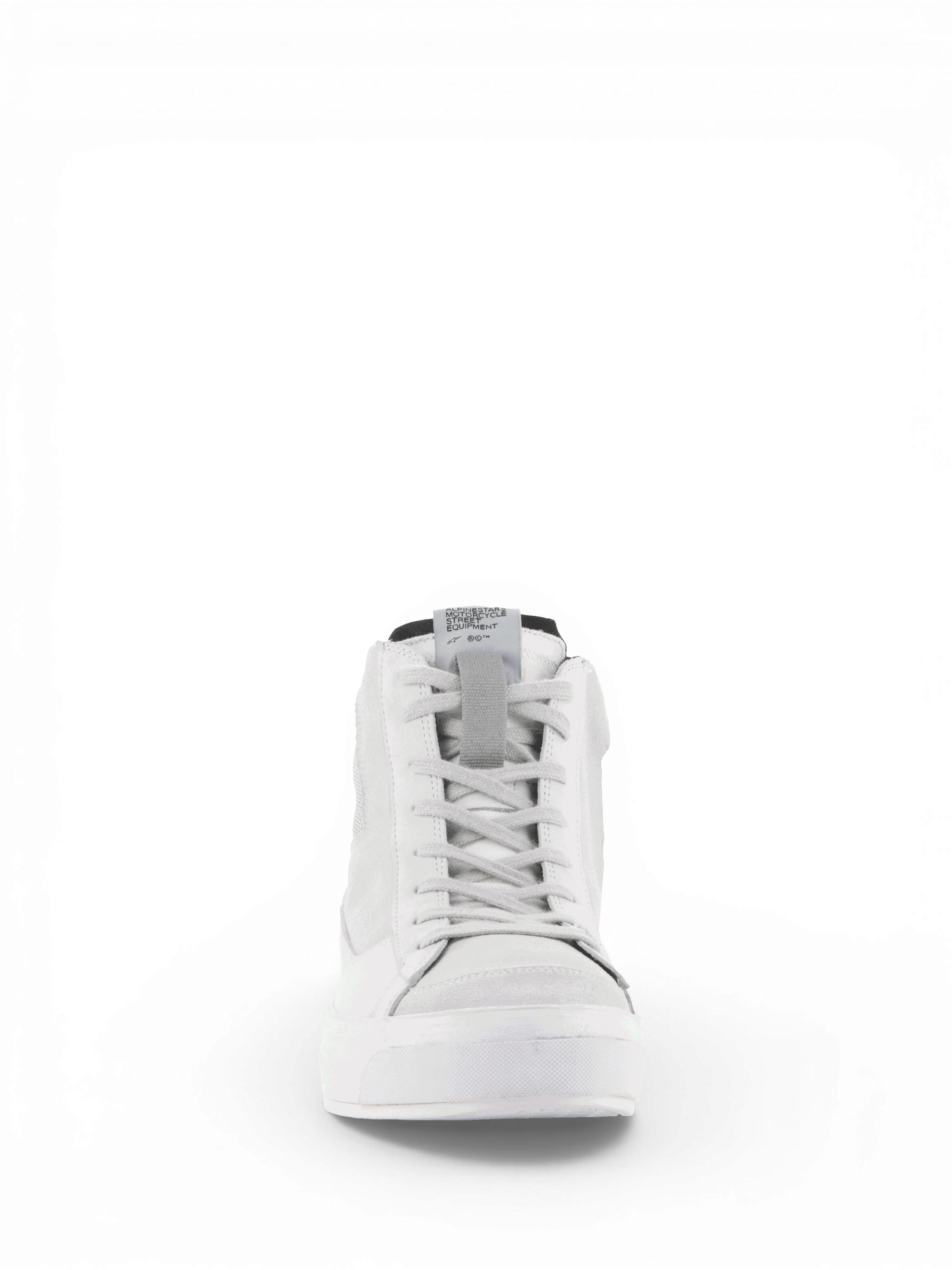Alpinestars Stella Stated Podium, zapatos de moto para mujer, blanco y gris frío, estilo urbano retro skate, vista frontal