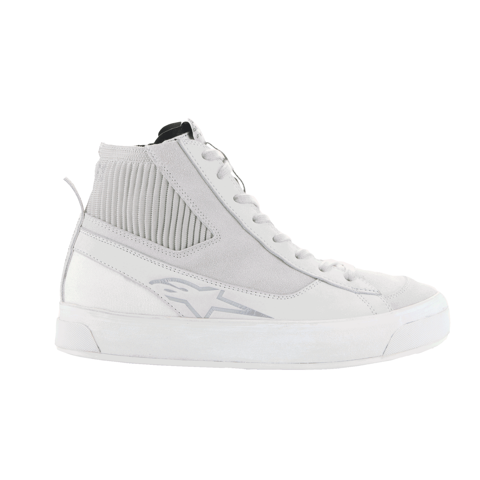 The Stella Stated Podium Shoes by Alpinestars EU are white high-top sneakers crafted for an urban riding environment. They feature lace-up fronts, textured sides, and slightly raised rubber soles. Designed for a women’s fit, these shoes have a subtle logo on the outer surface and appear brand new against a plain black background.