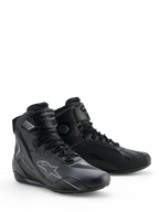 Alpinestars Faster-4 Drystar® Shoes, Black Cool Gray motorcycle riding shoes, high-top design with lace closure and adjustable ankle strap, featuring the iconic star logo and Drystar branding, durable and waterproof sports footwear