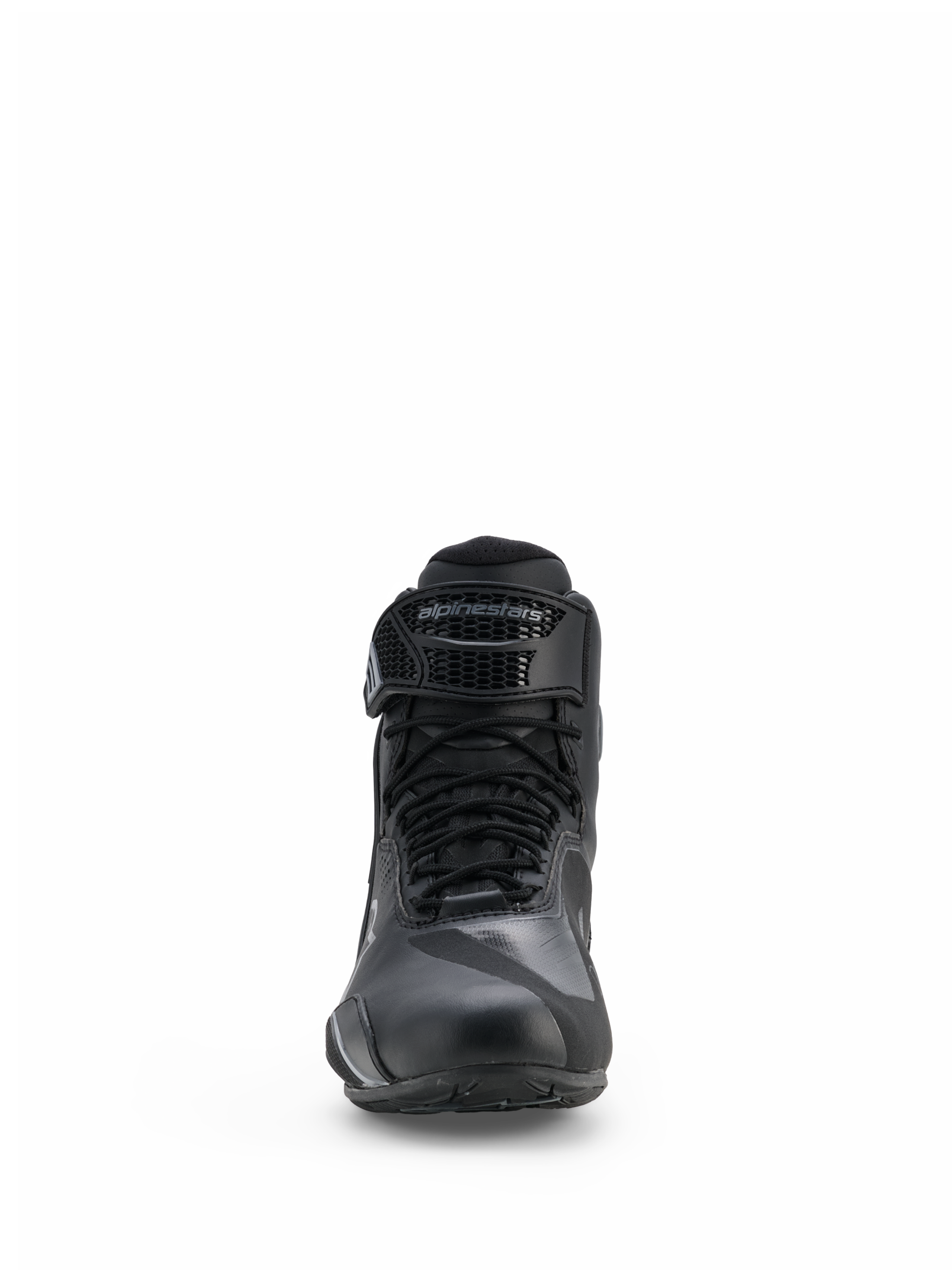 Alpinestars Faster-4 Drystar® Shoes, Motorcycle Riding Shoes, Black and Cool Gray, front view featuring lace-up closure and adjustable hook-and-loop strap with Alpinestars branding, sleek waterproof design for road sports