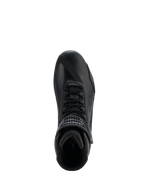 Alpinestars Faster-4 Drystar® Shoes, Black Cool Gray, top-down view of motorcycle riding shoe, featuring lace-up closure and a hook-and-loop ankle strap, seamless microfiber construction with Drystar® branding, sleek athletic profile for protective road riding.