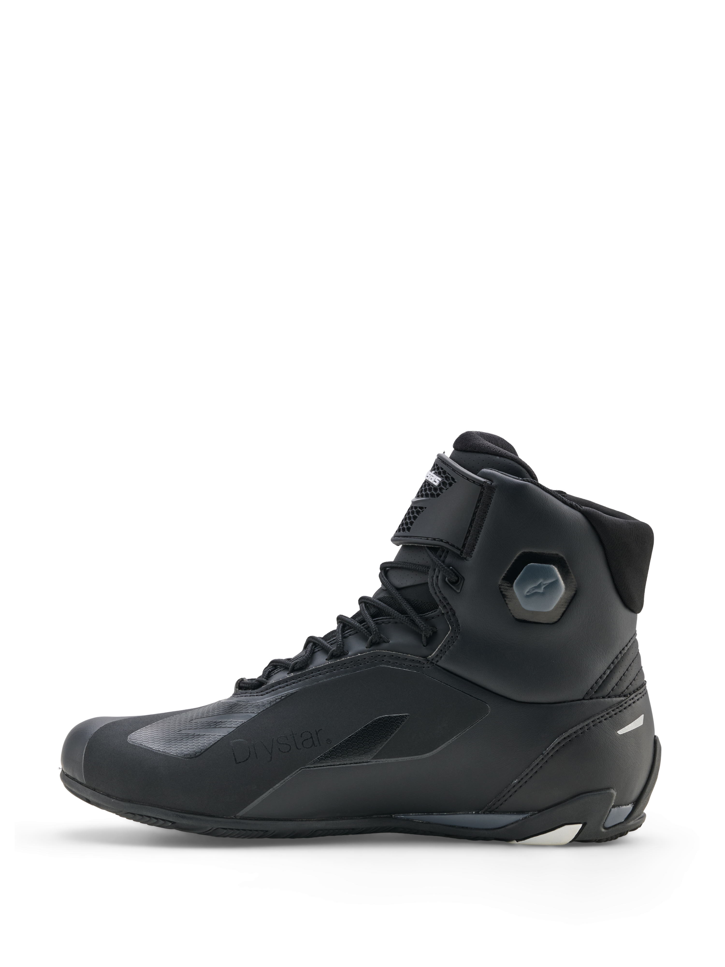 Alpinestars Faster-4 Drystar® Shoes, Motorcycle Riding Shoes, Black Cool Gray White, side profile view featuring waterproof construction, lace-up closure with hook-and-loop strap, and integrated ankle protection.