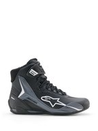 Alpinestars Faster-4 Drystar Shoes, Motorcycle Riding Shoes, Black Cool Gray White, side profile view showing white Astars logo, high-top design with reinforced protective panels, lace-up closure with ankle strap, modern sporty style