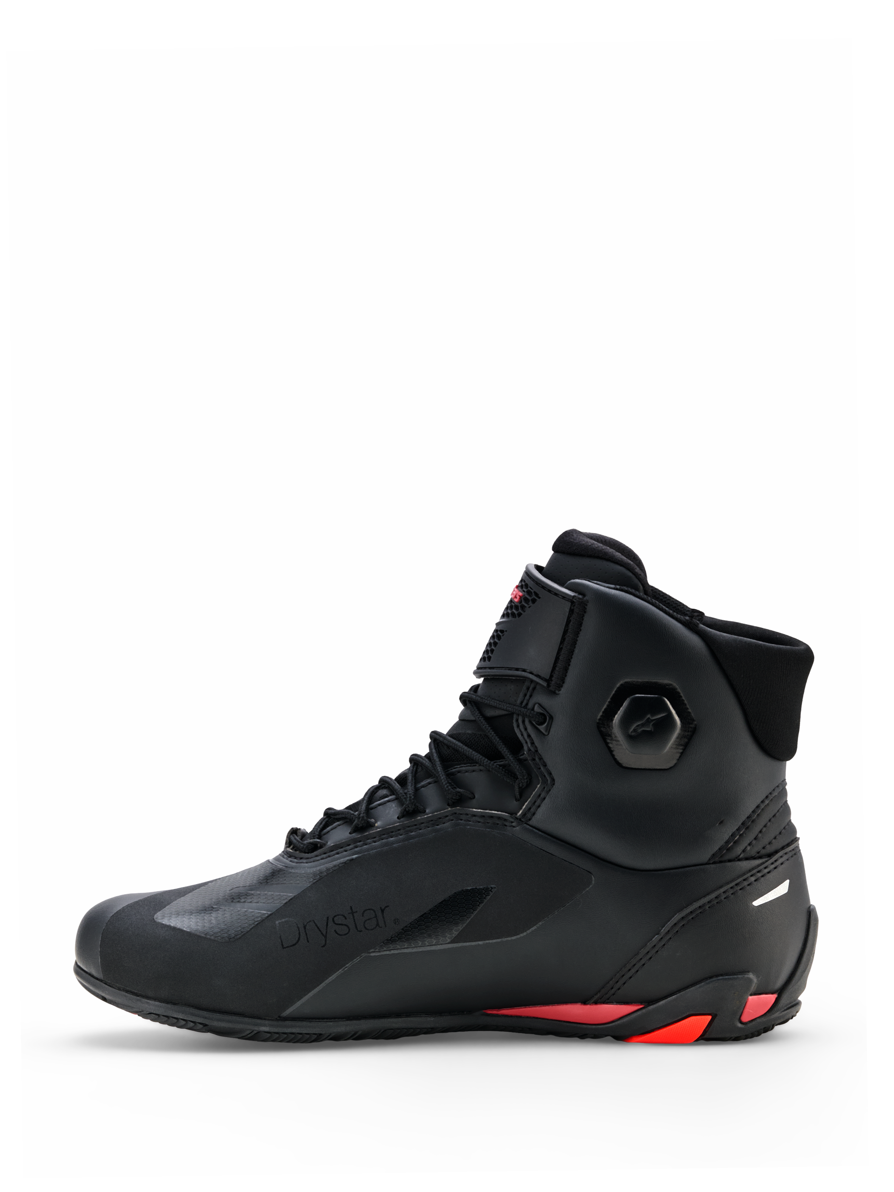 Zapatos Alpinestars Faster-4 Drystar®, calzado de conducción para motocicleta, negros con detalles en Rio Red y Red Fluo, perfil lateral, con construcción de microfibra sin costuras, marca Drystar y talón reforzado con toques rojos