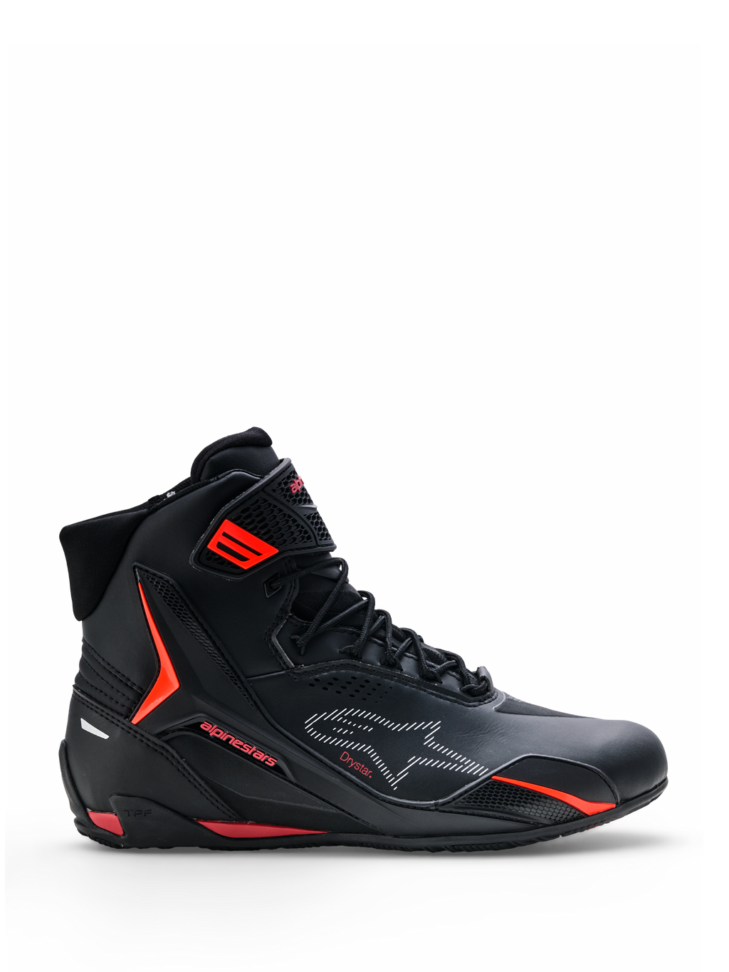 Zapatillas Alpinestars Faster-4 Drystar®, calzado para moto, negras con detalles en rojo Rio y rojo fluo, vista de perfil lateral, diseño de caña alta con cierre de cordones y correa en el tobillo, estilo urbano deportivo