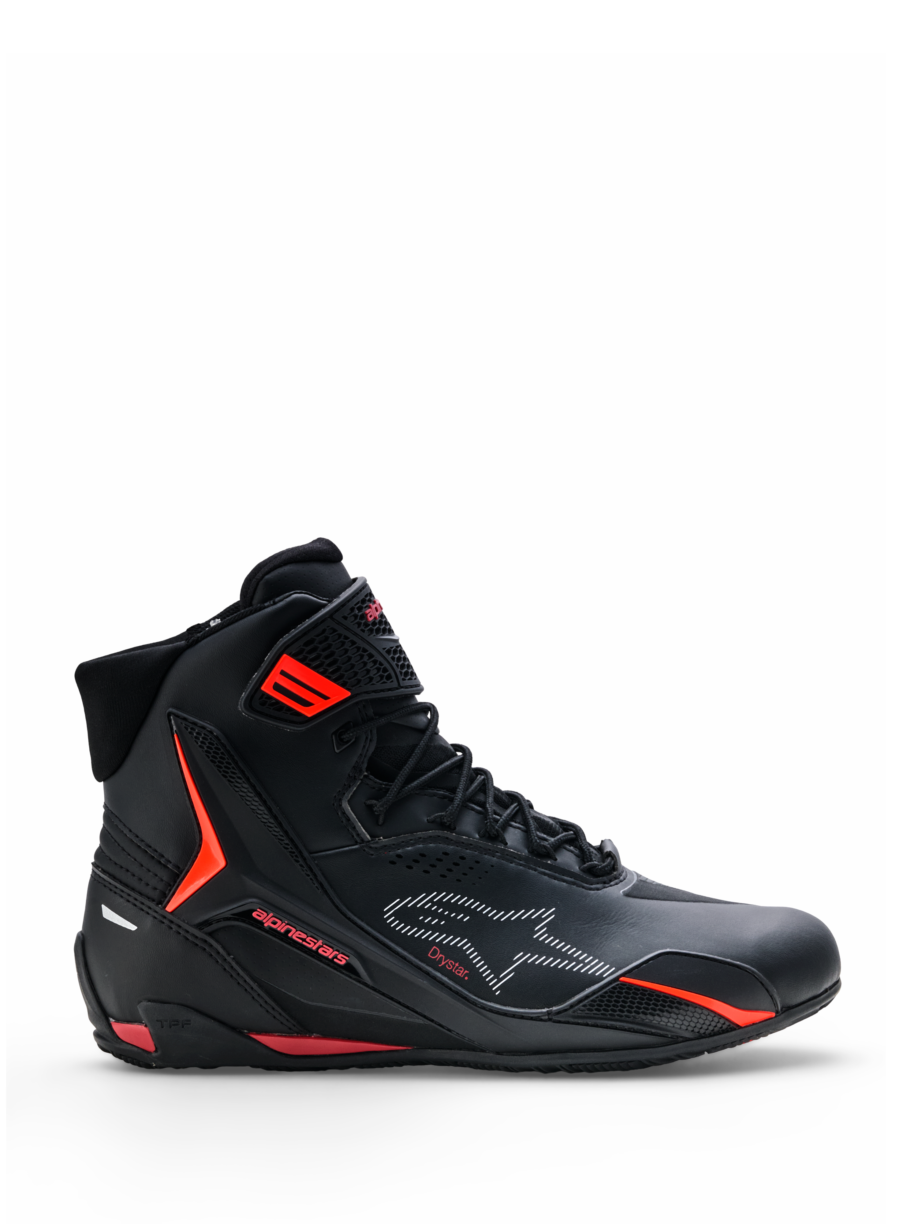 Zapatillas Alpinestars Faster-4 Drystar®, calzado para moto, negras con detalles en rojo Rio y rojo fluo, vista de perfil lateral, diseño de caña alta con cierre de cordones y correa en el tobillo, estilo urbano deportivo