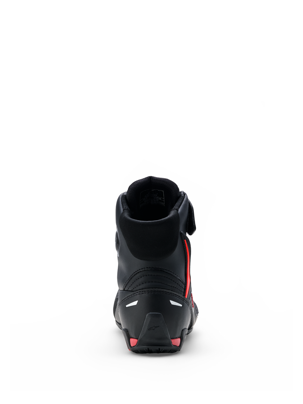 Zapatos Alpinestars Faster-4 Drystar®, calzado para motociclista, negro con detalles en Rio Red y Red Fluo, vista trasera que muestra el contrafuerte del talón reforzado, diseño de caña alta y construcción de microfibra sin costuras