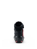 Zapatos Alpinestars Faster-4 Drystar®, calzado para motociclista, negro con detalles en Rio Red y Red Fluo, vista trasera que muestra el contrafuerte del talón reforzado, diseño de caña alta y construcción de microfibra sin costuras