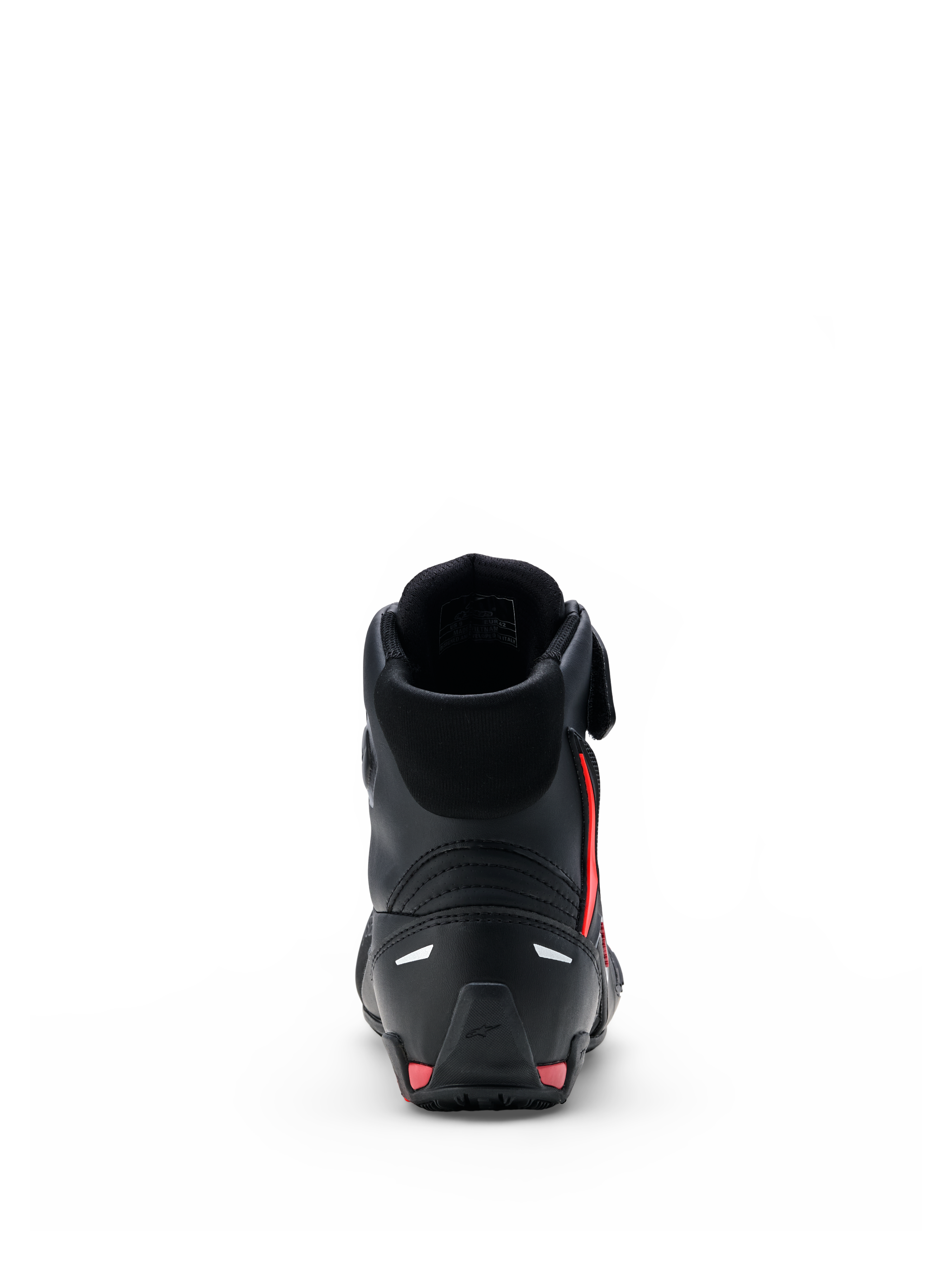 Zapatos Alpinestars Faster-4 Drystar®, calzado para motociclista, negro con detalles en Rio Red y Red Fluo, vista trasera que muestra el contrafuerte del talón reforzado, diseño de caña alta y construcción de microfibra sin costuras