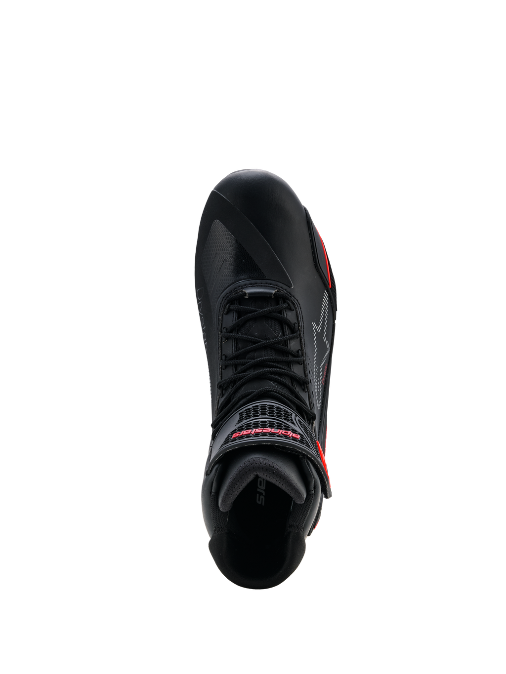 Zapatos Alpinestars Faster-4 Drystar®, negros con detalles en Rio Red y Red Fluo, vista superior que muestra el sistema de cordones y la correa de gancho y bucle con marca en rojo, calzado impermeable para motociclismo