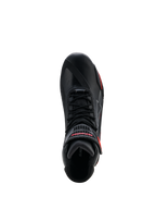 Zapatos Alpinestars Faster-4 Drystar®, negros con detalles en Rio Red y Red Fluo, vista superior que muestra el sistema de cordones y la correa de gancho y bucle con marca en rojo, calzado impermeable para motociclismo