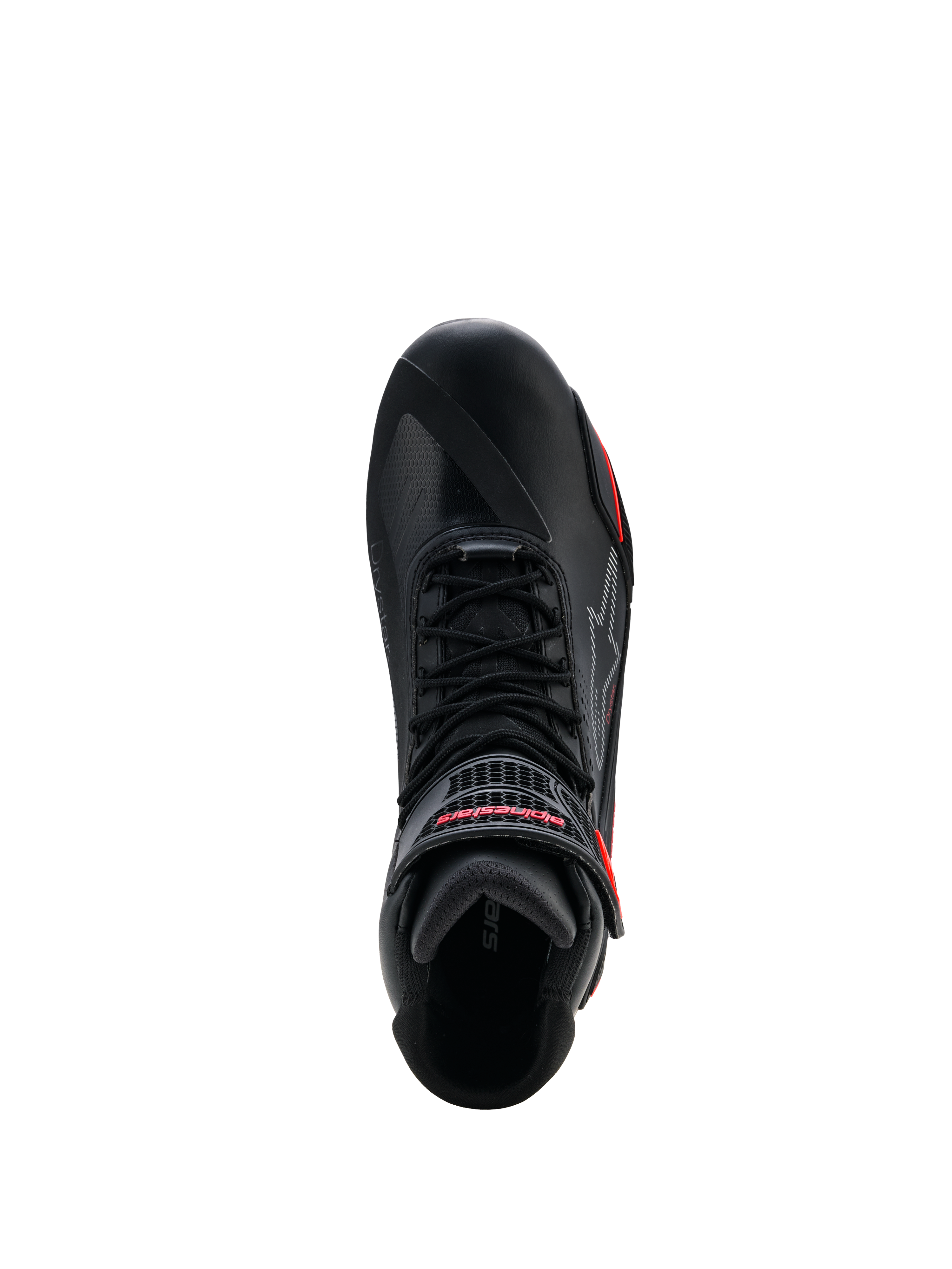 Zapatos Alpinestars Faster-4 Drystar®, negros con detalles en Rio Red y Red Fluo, vista superior que muestra el sistema de cordones y la correa de gancho y bucle con marca en rojo, calzado impermeable para motociclismo