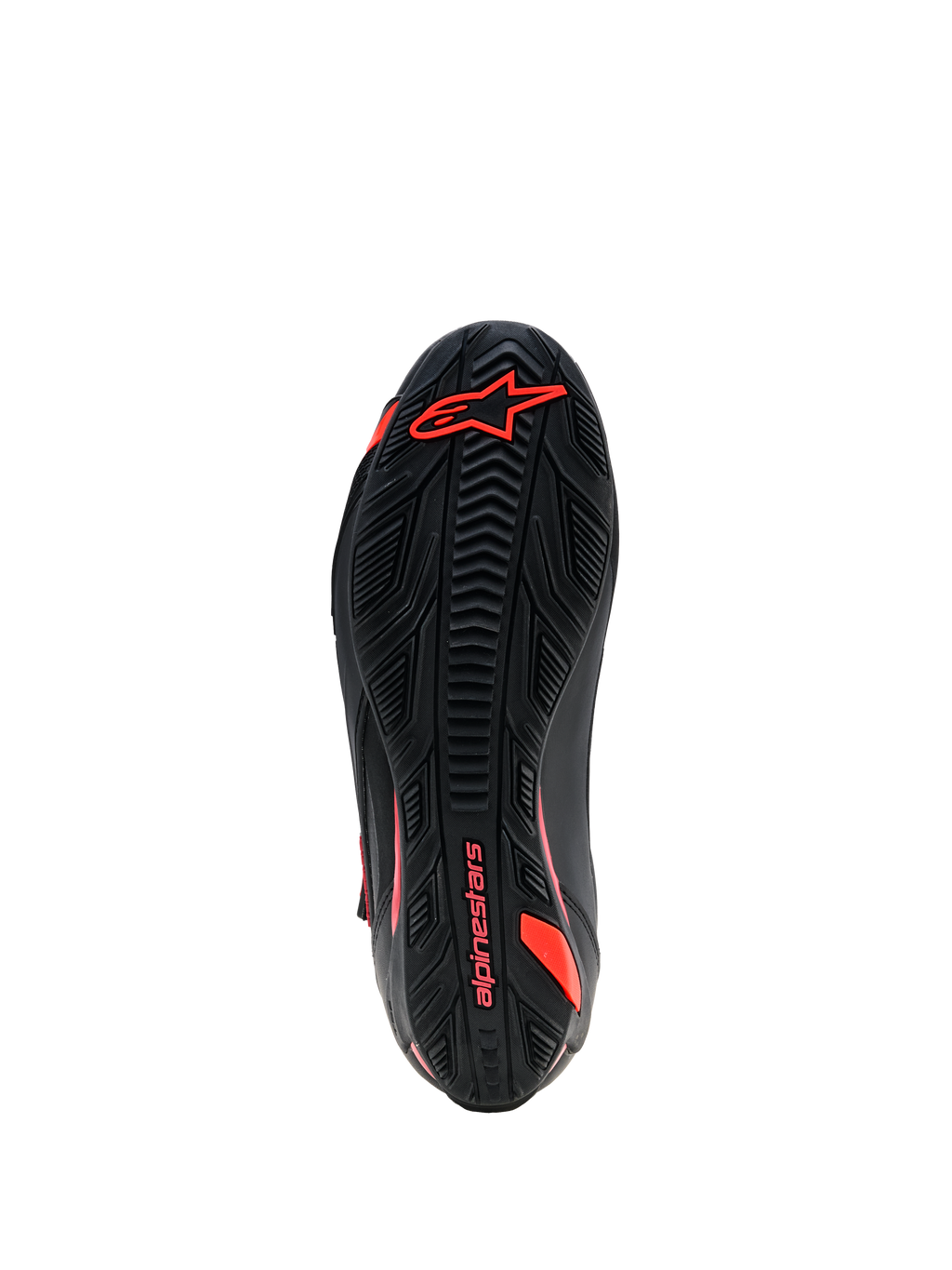 Zapatos Alpinestars Faster-4 Drystar®, vista de la suela, negro con detalles en rojo flúor, suela de goma con agarre texturizado con el logotipo y el nombre de Alpinestars, calzado duradero para motociclismo
