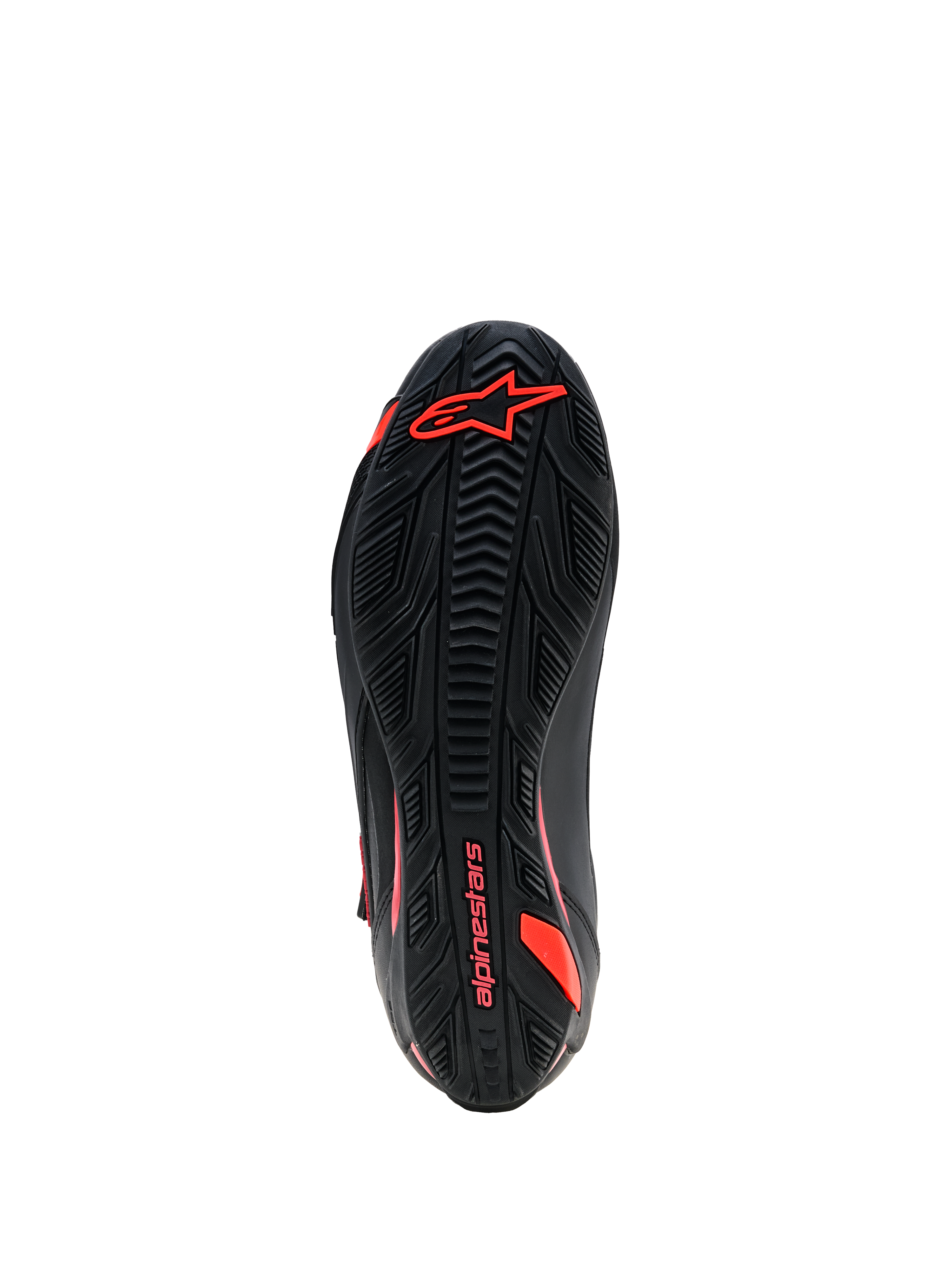 Zapatos Alpinestars Faster-4 Drystar®, vista de la suela, negro con detalles en rojo flúor, suela de goma con agarre texturizado con el logotipo y el nombre de Alpinestars, calzado duradero para motociclismo