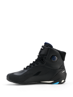 Alpinestars Faster-4 Drystar® Shoes, Black with Night Navy and Cyan accents, side profile view, high-top motorcycle riding shoes, featuring lace-up closure, hook-and-loop ankle strap, and protective reinforced sole