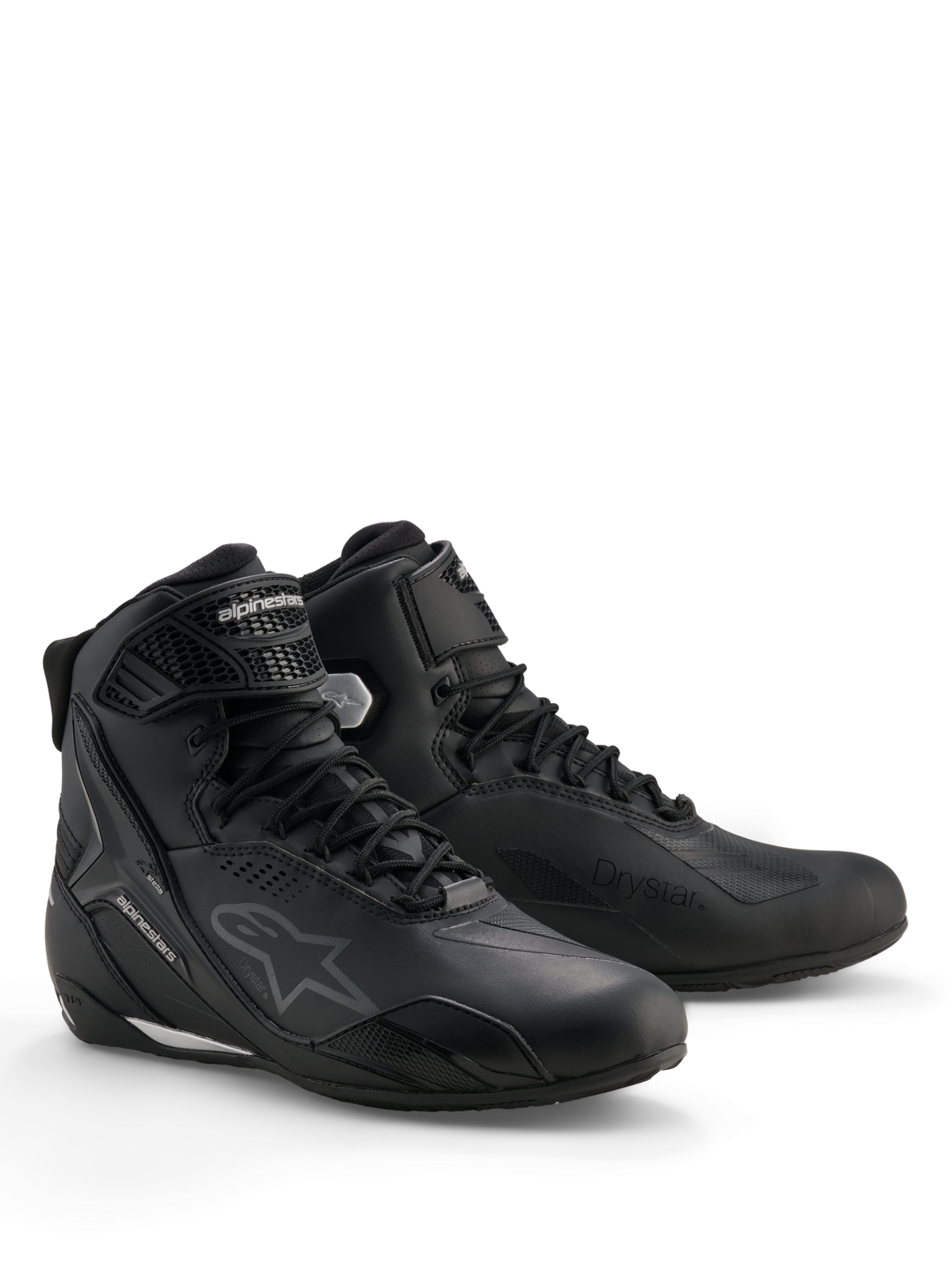 Zapatos Alpinestars Stella Faster-4 Drystar®, calzado de moto impermeable para mujer, negro y plateado, parte superior de microfibra con cierre de cordones y correa en el tobillo, refuerzos protectores de TPU y logotipo de Alpinestars.