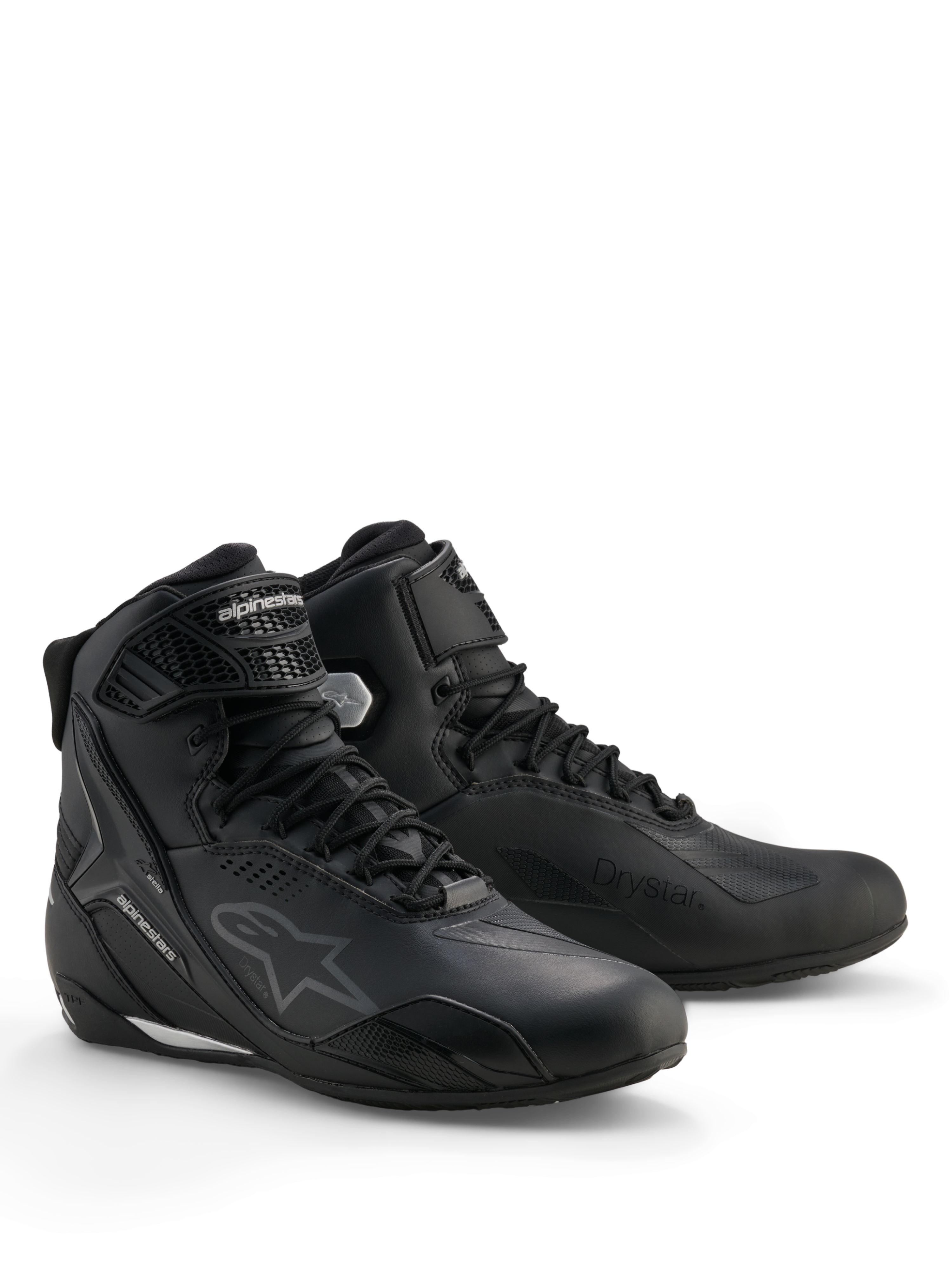 Alpinestars Stella Faster-4 Drystar® Shoes, Women's Waterproof Motorcycle Riding Shoes, Black and Silver, microfiber upper with lace-up closure and ankle strap, protective TPU reinforcements and Alpinestars branding.