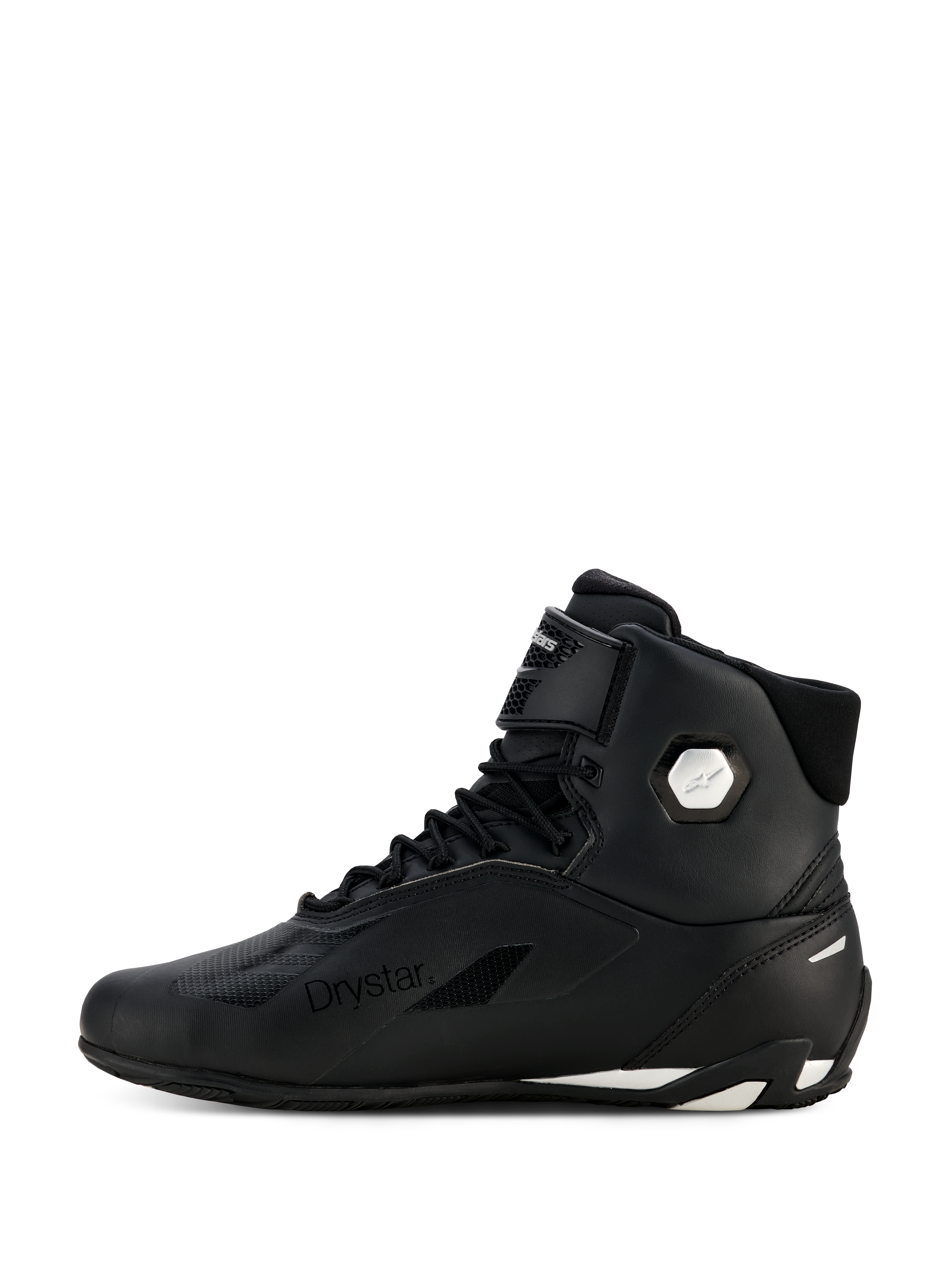 Alpinestars Woman Stella Faster-4 Drystar® Shoes, Black and Silver, lateral side profile view, waterproof motorcycle riding shoes with microfiber upper, lace-up closure and hook-and-loop strap, featuring Drystar branding and silver ankle logo.
