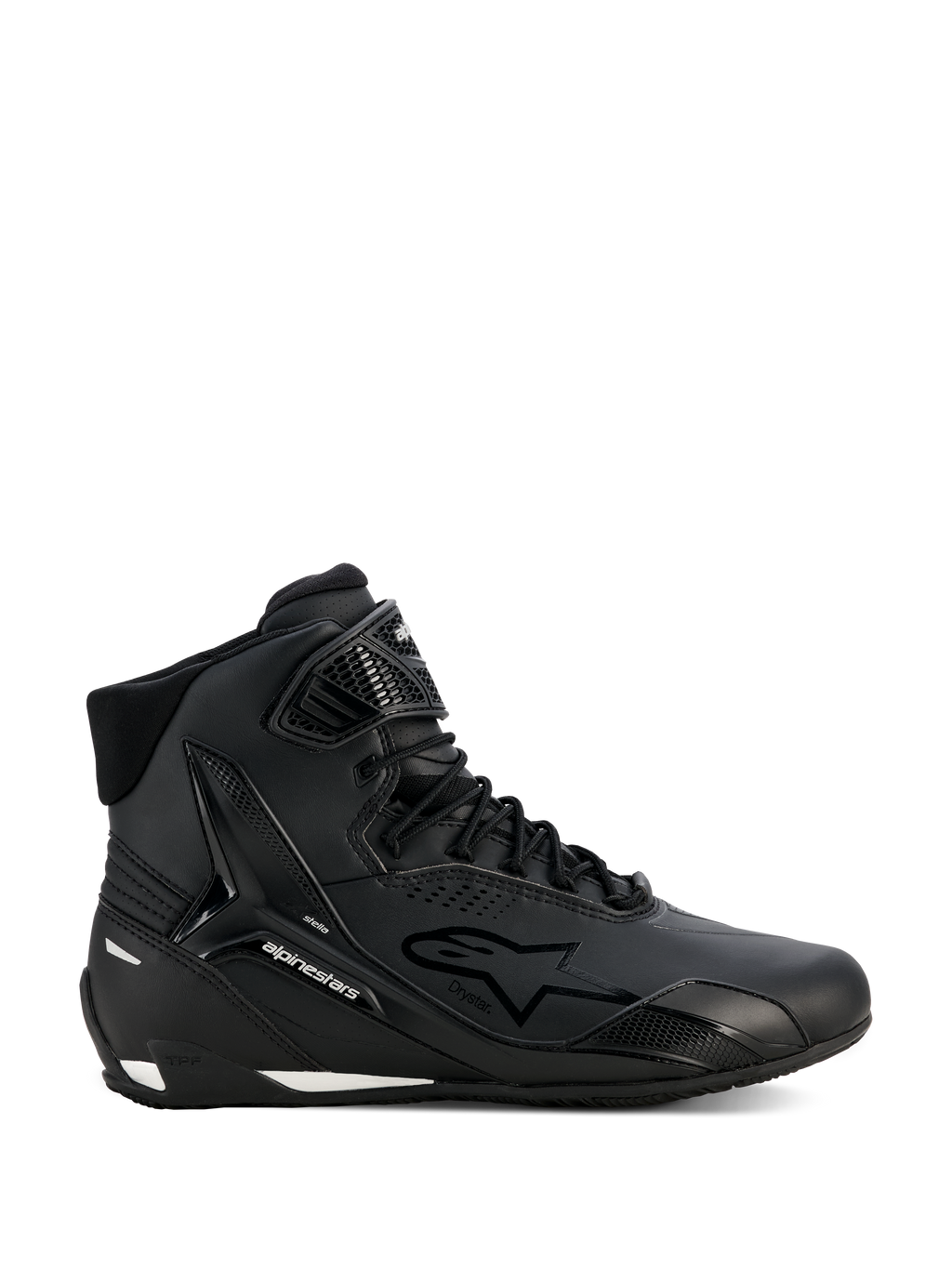 Alpinestars Stella Faster-4 Drystar Shoes, Women's Motorcycle Riding Shoes, Black and Silver, High-top design, Lace-up closure with hook-and-loop ankle strap, Seamless microfiber upper, Waterproof technology, White accents on the sole and heel