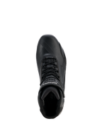 Alpinestars Woman Stella Faster-4 Drystar® Shoes, Women's Motorcycle Riding Shoes, Black and Silver, top-down view showing lace-up closure, velcro ankle strap, and waterproof microfiber construction