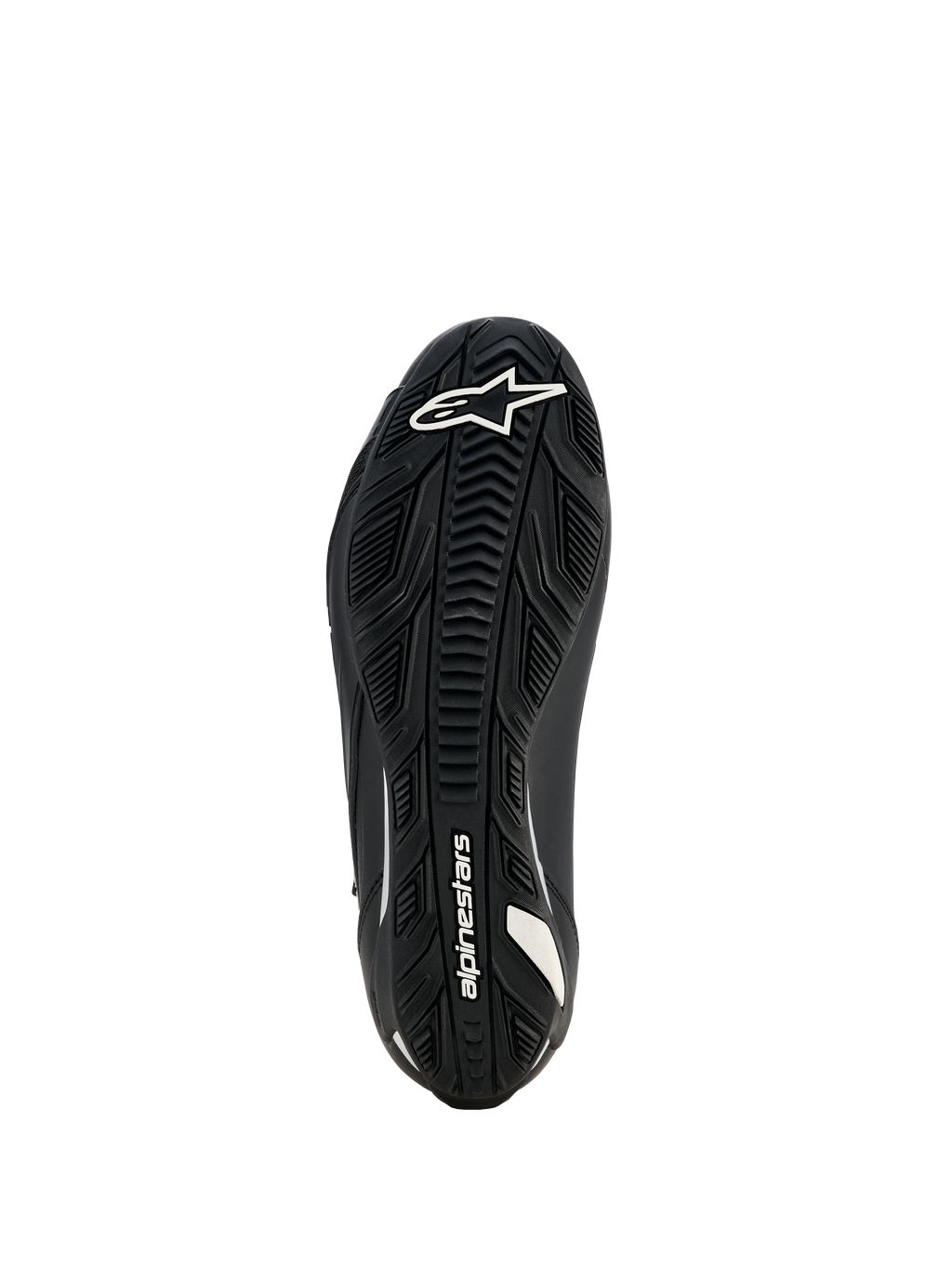 Alpinestars Woman Stella Faster-4 Drystar Shoes, Motorcycle Riding Shoes, Black, Sole view showing textured rubber outsole with white Alpinestars logo and branding, designed for superior grip and durability.