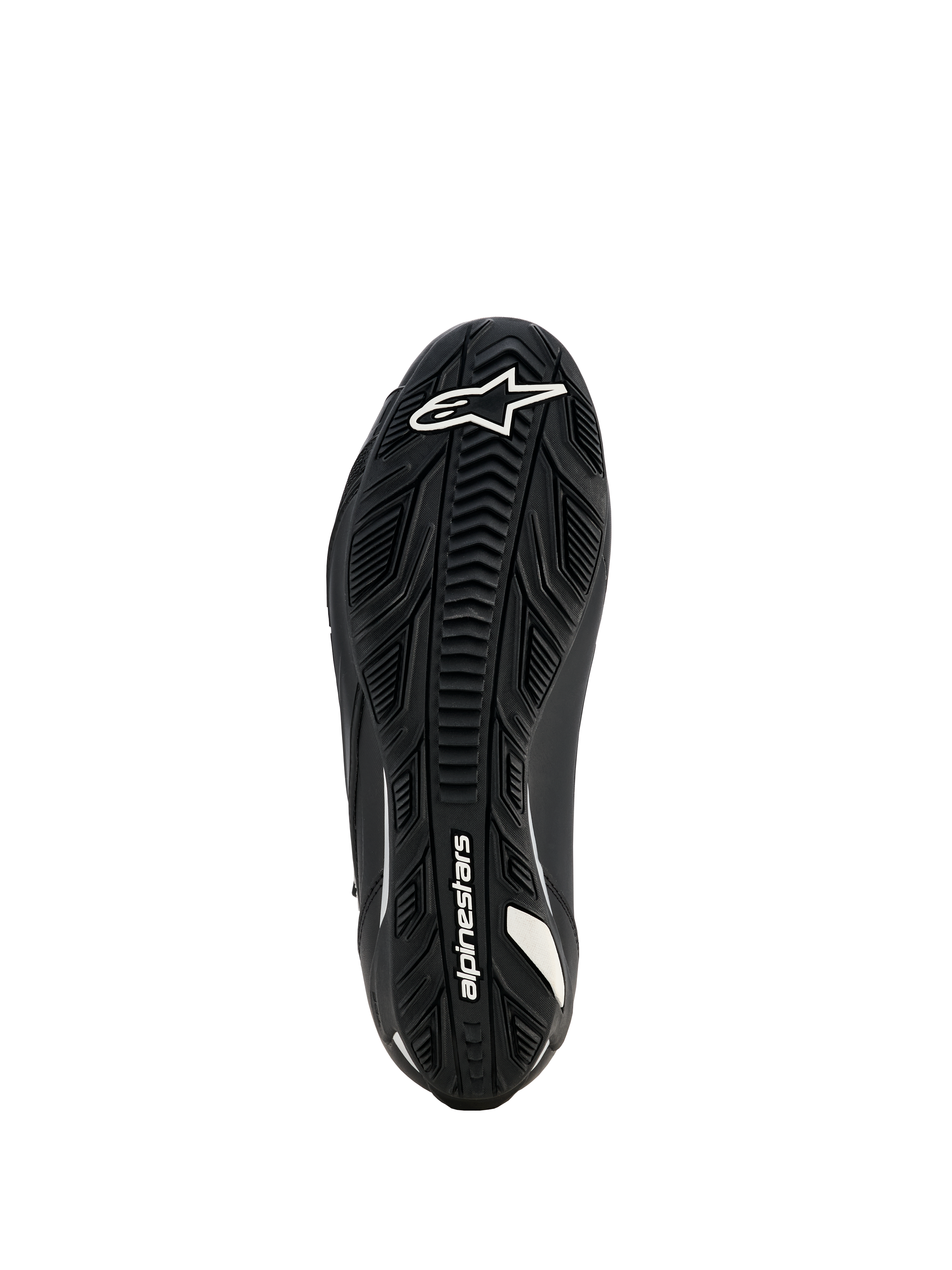 Alpinestars Woman Stella Faster-4 Drystar Shoes, Motorcycle Riding Shoes, Black, Sole view showing textured rubber outsole with white Alpinestars logo and branding, designed for superior grip and durability.