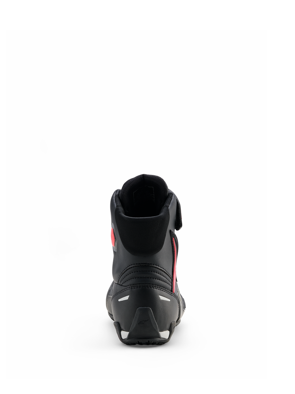 Alpinestars Woman Stella Faster-4 Drystar® Shoes, Black Gray Coral Fluo, rear view showing heel support and reflective accents, waterproof motorcycle riding shoes with a sports-inspired design for women