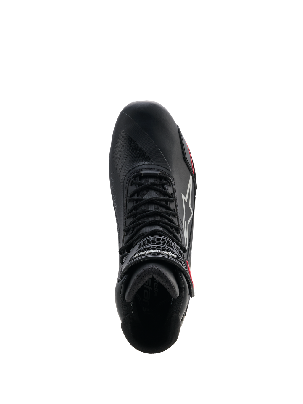 Alpinestars Woman Stella Faster-4 Drystar® Shoes, Motorcycle Riding Shoes, Black Gray and Coral Fluo, top-down view showing lacing system and hook-and-loop ankle strap, sleek microfiber design with waterproof Drystar® technology