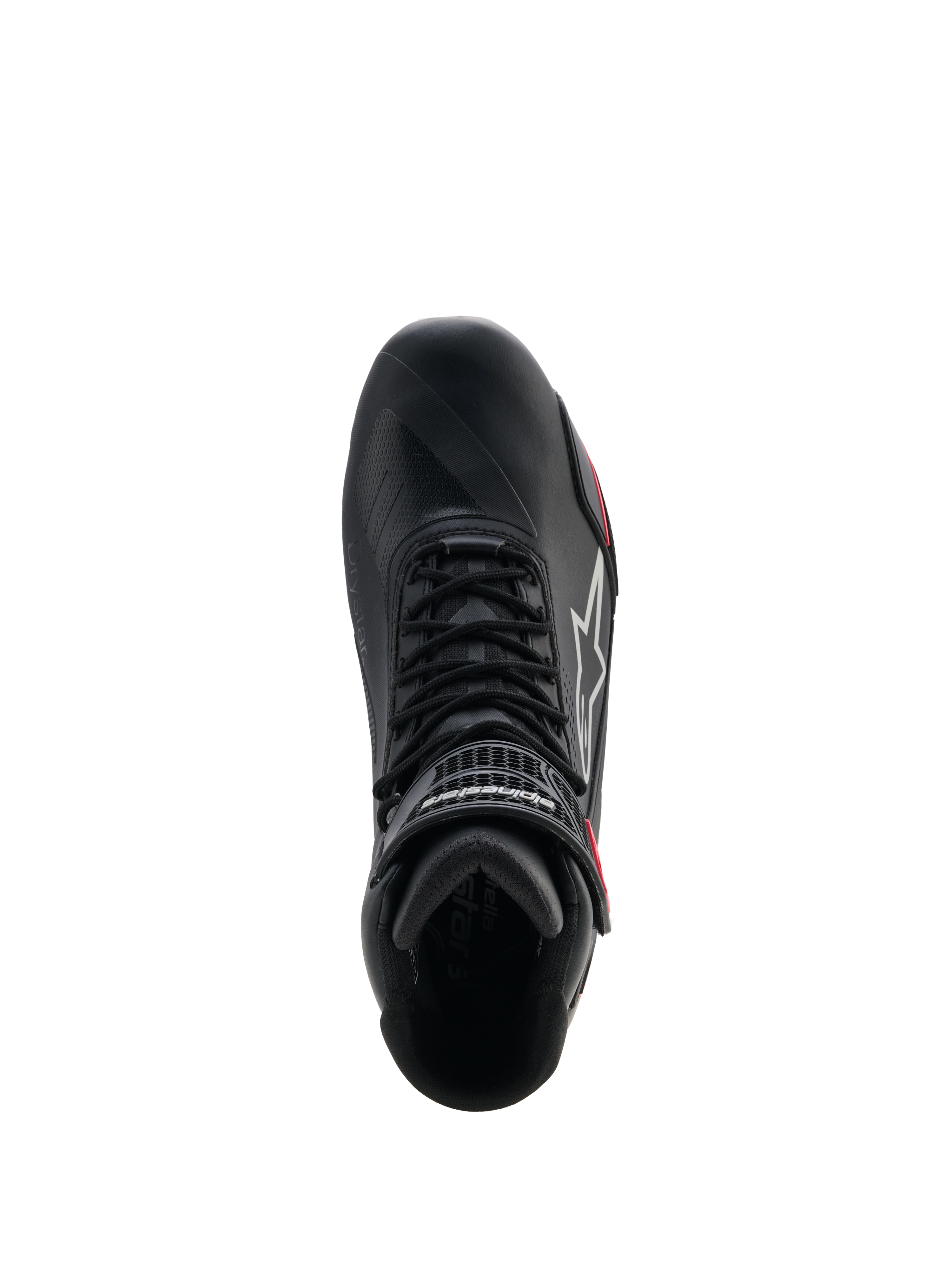 Alpinestars Woman Stella Faster-4 Drystar® Shoes, Motorcycle Riding Shoes, Black Gray and Coral Fluo, top-down view showing lacing system and hook-and-loop ankle strap, sleek microfiber design with waterproof Drystar® technology