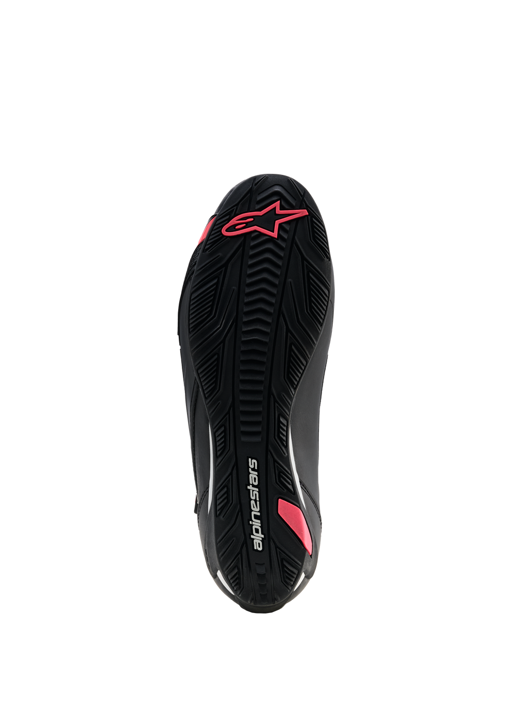 Alpinestars Stella Faster-4 Drystar® Shoes, Women's Motorcycle Riding Shoes, Black and Coral Fluo, bottom view of the textured rubber sole featuring a grip pattern, Astars logo, and Alpinestars branding.