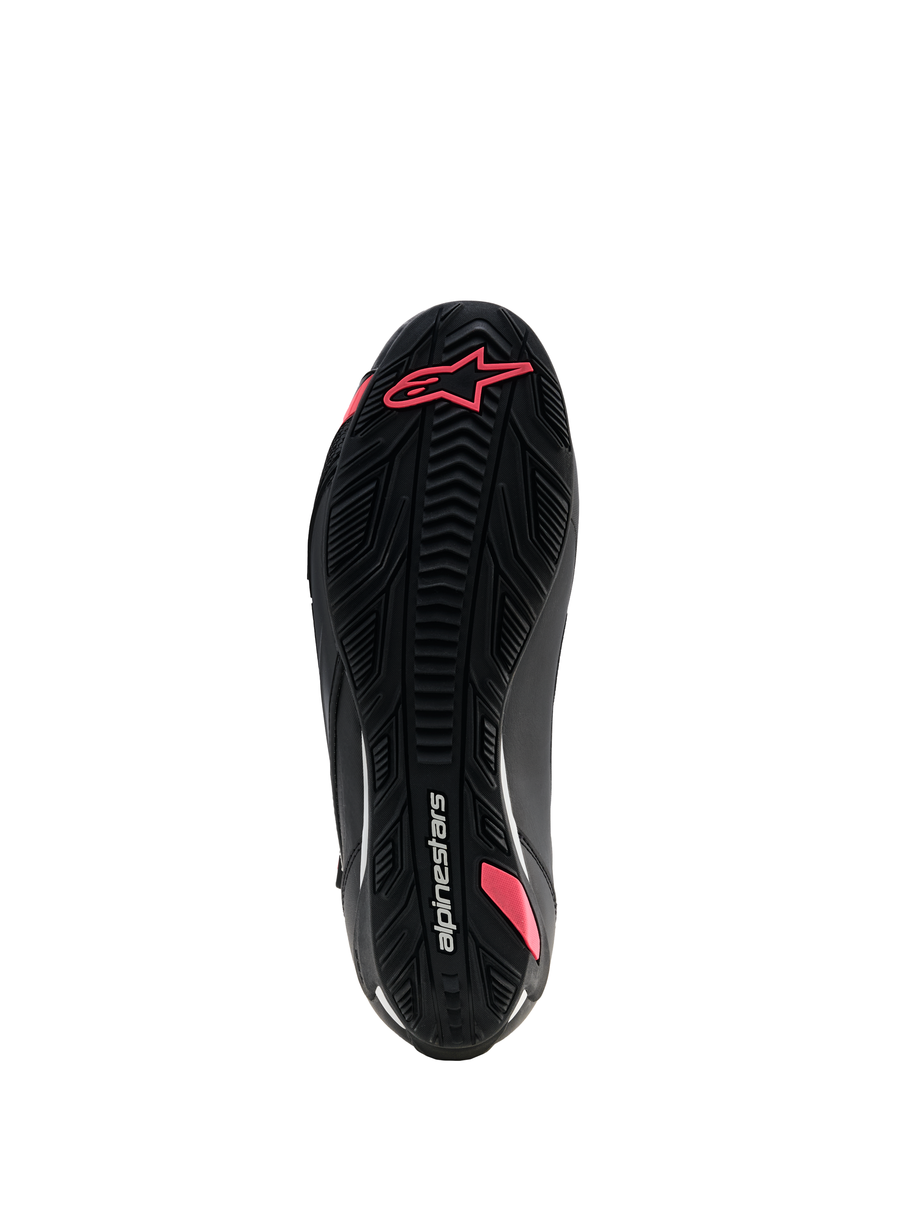 Alpinestars Stella Faster-4 Drystar® Shoes, Women's Motorcycle Riding Shoes, Black and Coral Fluo, bottom view of the textured rubber sole featuring a grip pattern, Astars logo, and Alpinestars branding.