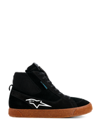 Alpinestars Stated Waterproof Shoes, Black High-Top Riding Sneakers, Suede and Knitted Construction, White Alpinestars Logo, Speckled Brown Gum Vulcanized Sole, Urban Motorcycle Footwear, Modern Skate-Inspired Design