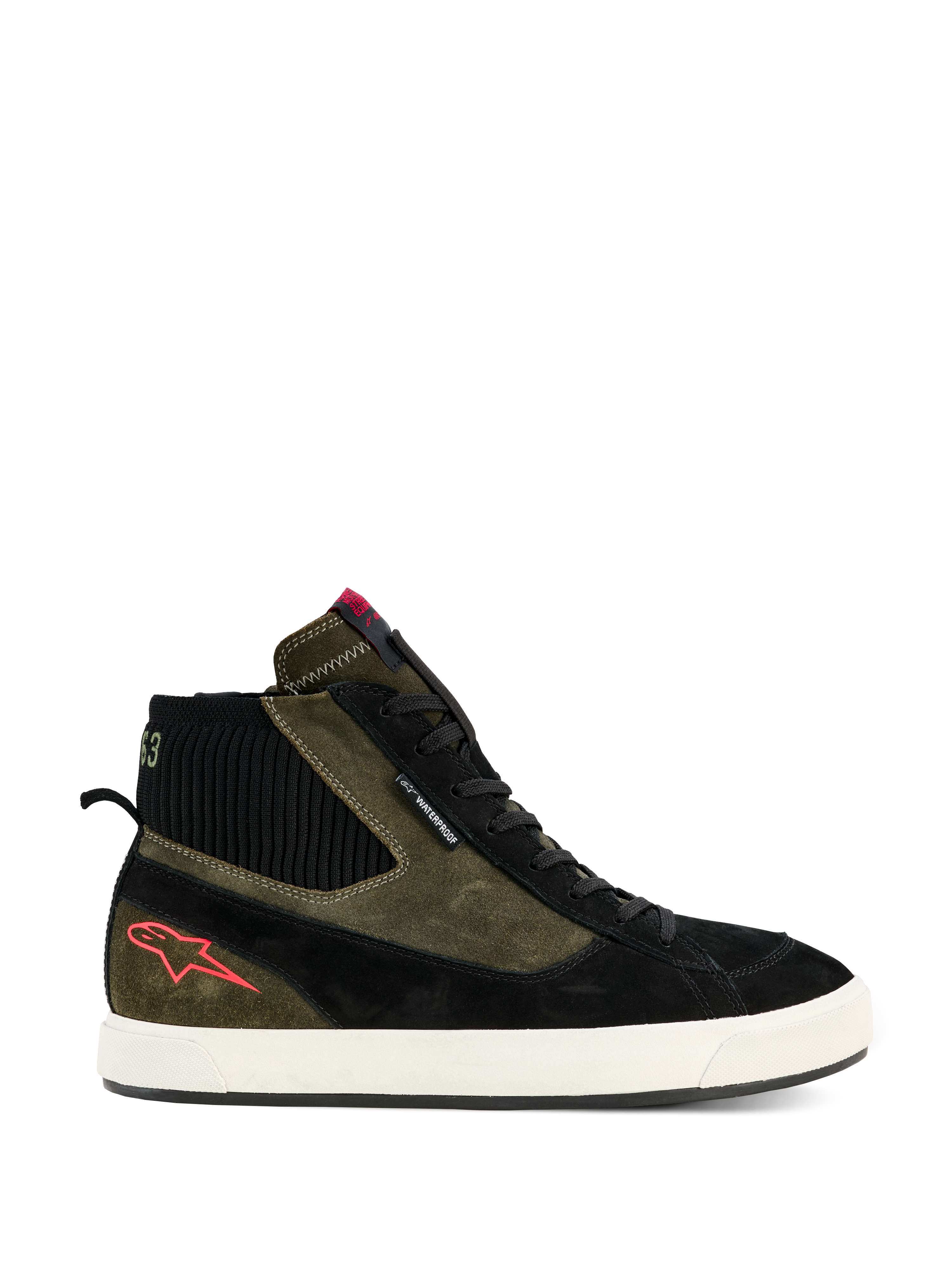 Alpinestars Stated Waterproof Shoes, High-top motorcycle riding sneakers, Military Green and Black suede construction, Off-White vulcanized rubber sole, Red star logo on heel, Black ribbed ankle collar, Urban street-inspired design