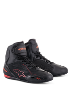 Alpinestars Faster-3 Drystar® Shoes, Motorcycle Riding Shoes, Black and Red Fluo, featuring a high-top profile with lace-up closure and ankle strap, microfiber construction with fluorescent red branding and accents.