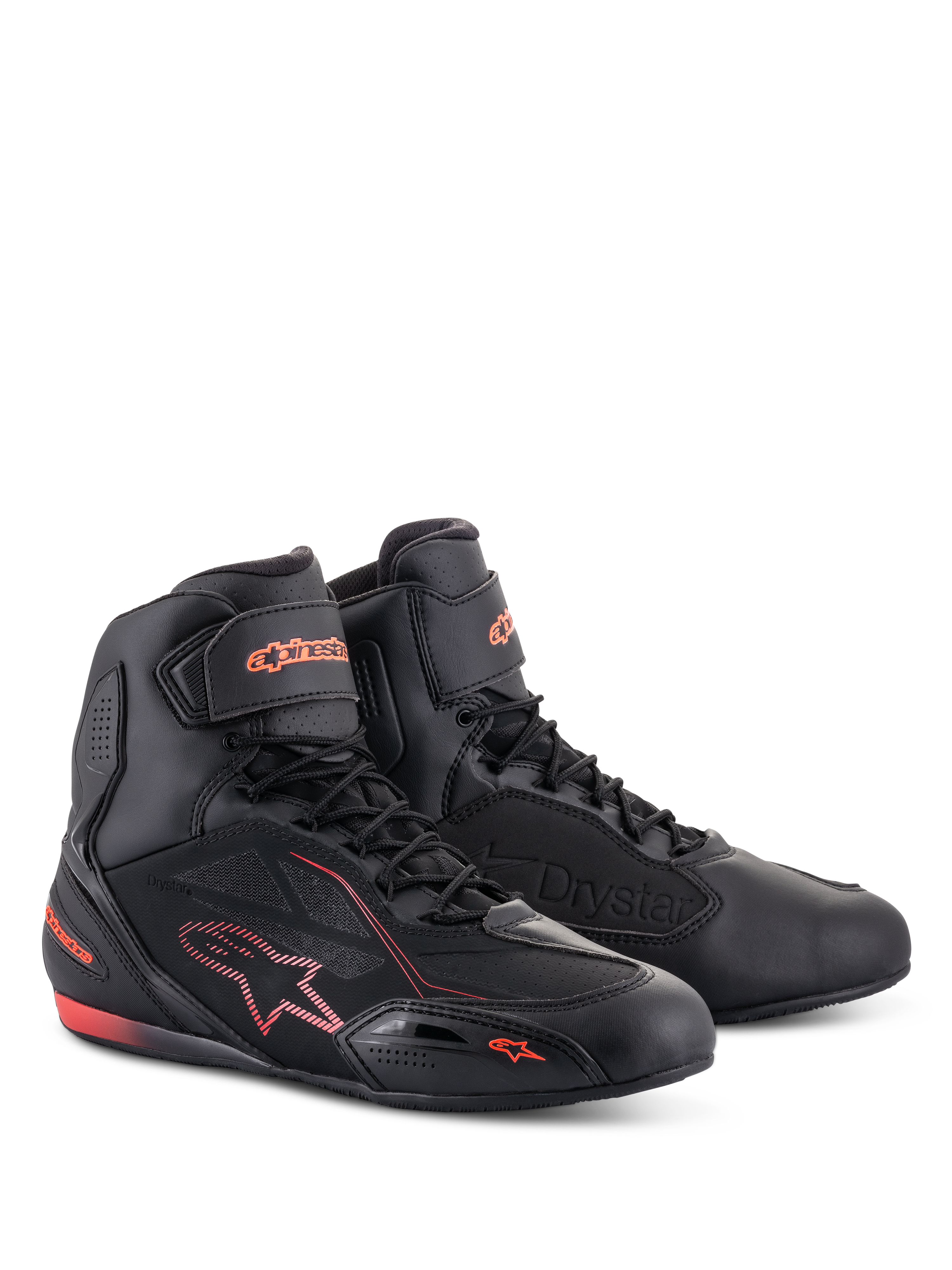 Alpinestars Faster-3 Drystar® Shoes, Motorcycle Riding Shoes, Black and Red Fluo, featuring a high-top profile with lace-up closure and ankle strap, microfiber construction with fluorescent red branding and accents.