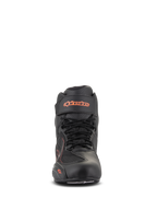 Alpinestars Faster-3 Drystar® Shoes, Black and Red Fluo, front view, waterproof motorcycle riding shoe with microfiber chassis, lace-up design with velcro ankle strap, fluorescent logo branding
