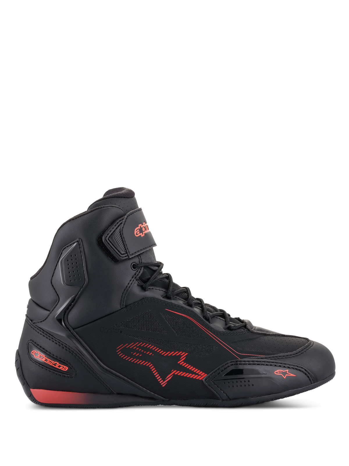Alpinestars Faster-3 Drystar Shoes, Black and Red Fluo Motorcycle Riding Shoes, side profile view, high-top sneaker style with lightweight microfiber chassis, waterproof Drystar membrane, red star logo and branding, hook-and-loop ankle strap, and perforated details for breathability.
