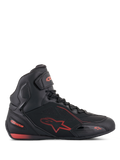 Alpinestars Faster-3 Drystar Shoes, Black and Red Fluo Motorcycle Riding Shoes, side profile view, high-top sneaker style with lightweight microfiber chassis, waterproof Drystar membrane, red star logo and branding, hook-and-loop ankle strap, and perforated details for breathability.