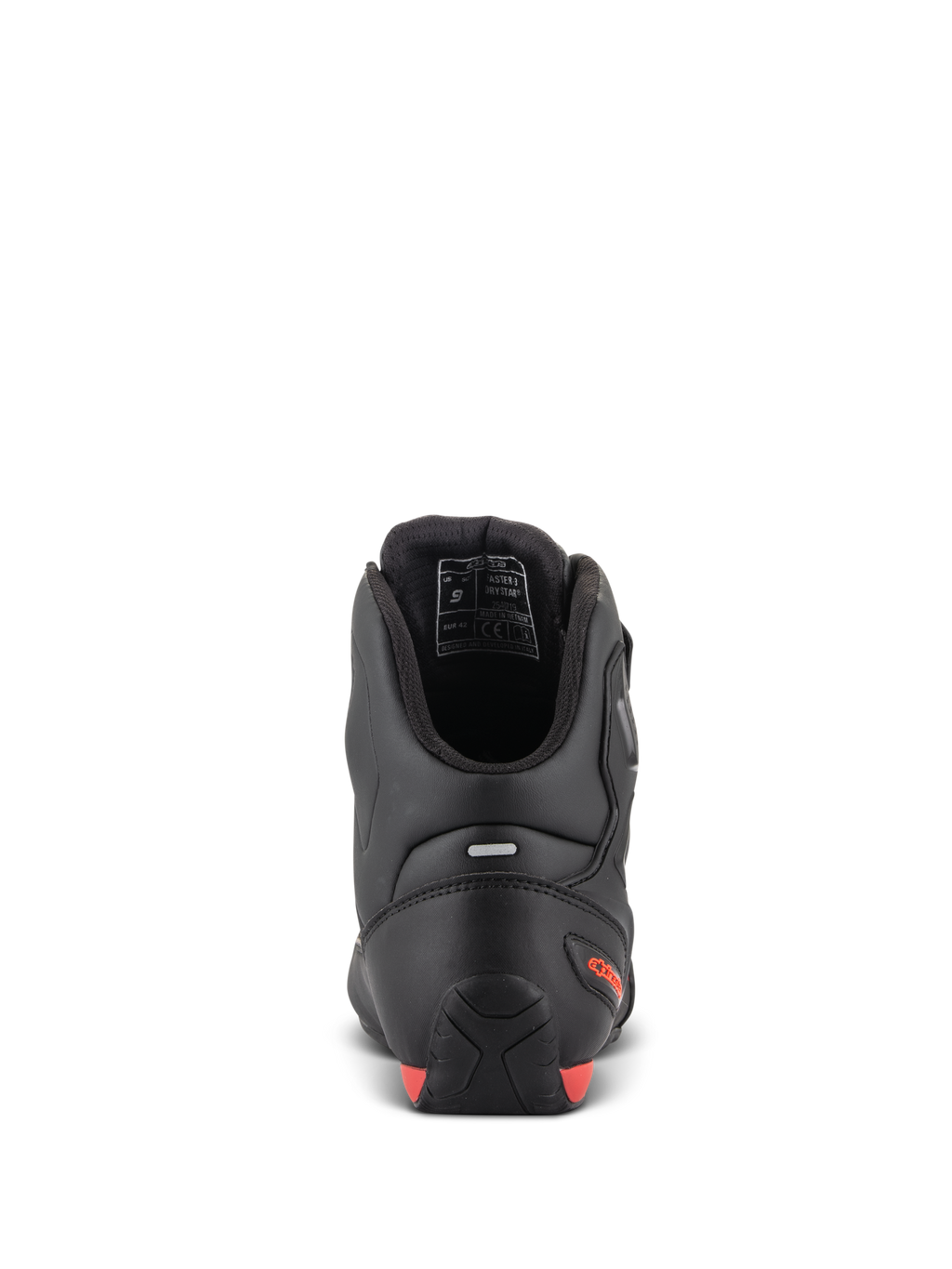 Alpinestars Faster-3 Drystar® Shoes, motorcycle riding shoes, rear view showing the heel and ankle, black microfiber with red fluo accents, reflective strip for visibility, sport-inspired protective footwear for road and urban use.