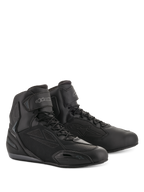 Alpinestars Faster-3 Drystar® Riding Shoes, Motorcycle Riding Shoes, Black and Cool Gray, high-top design with lace-up closure and hook-and-loop ankle strap, sleek microfiber chassis with protective panels, waterproof road riding footwear.
