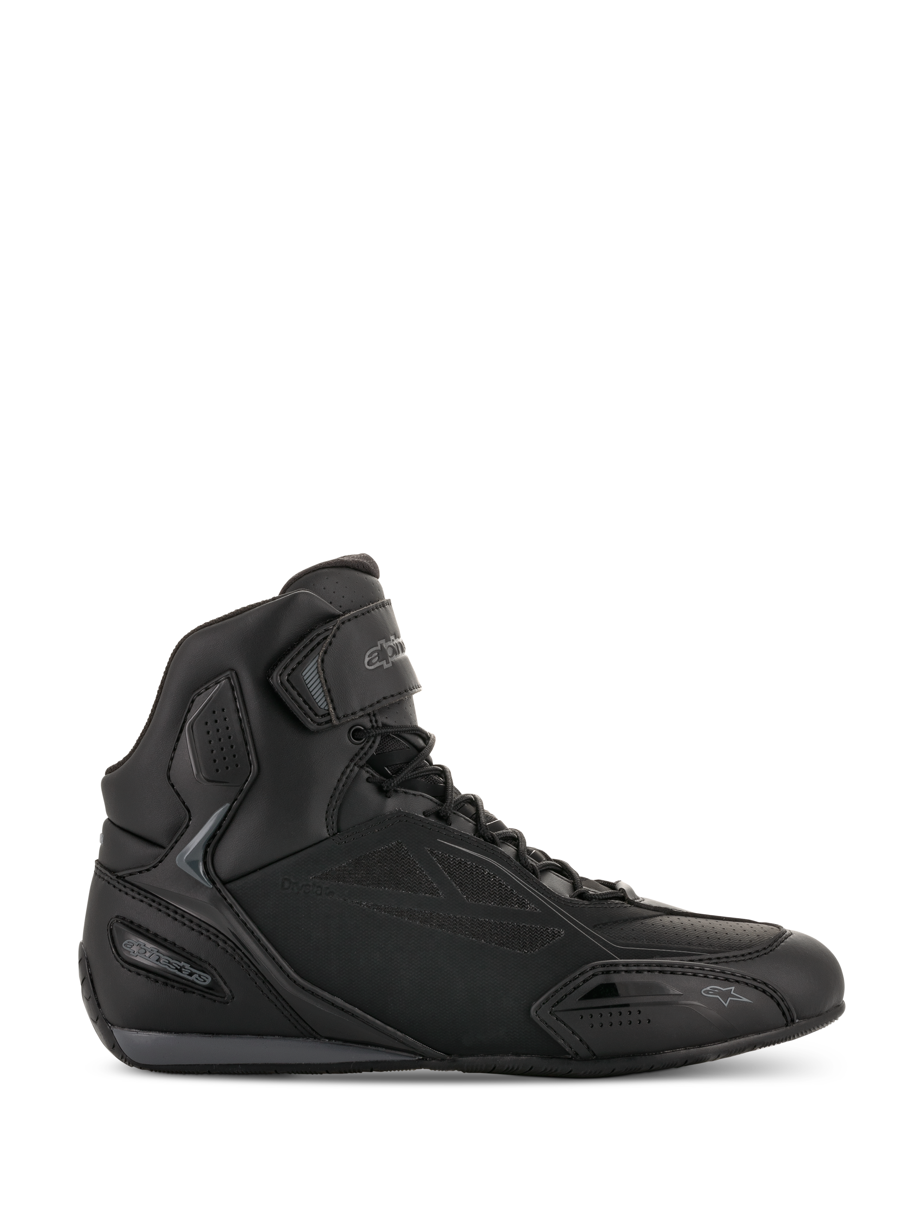 Alpinestars Faster-3 Drystar, zapatillas de moto en negro y gris frío, diseño de caña alta con cierre de cordones y correa de velcro, chasis de microfibra impermeable, calzado deportivo para carretera