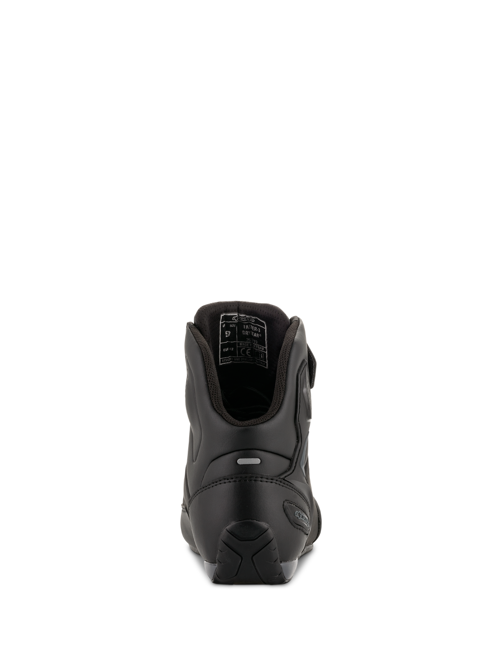 Alpinestars Faster-3 Drystar® Riding Shoes, Black Cool Gray, rear view showing heel reinforcement, reflective tab, and internal lining, waterproof microfiber construction for road riding.