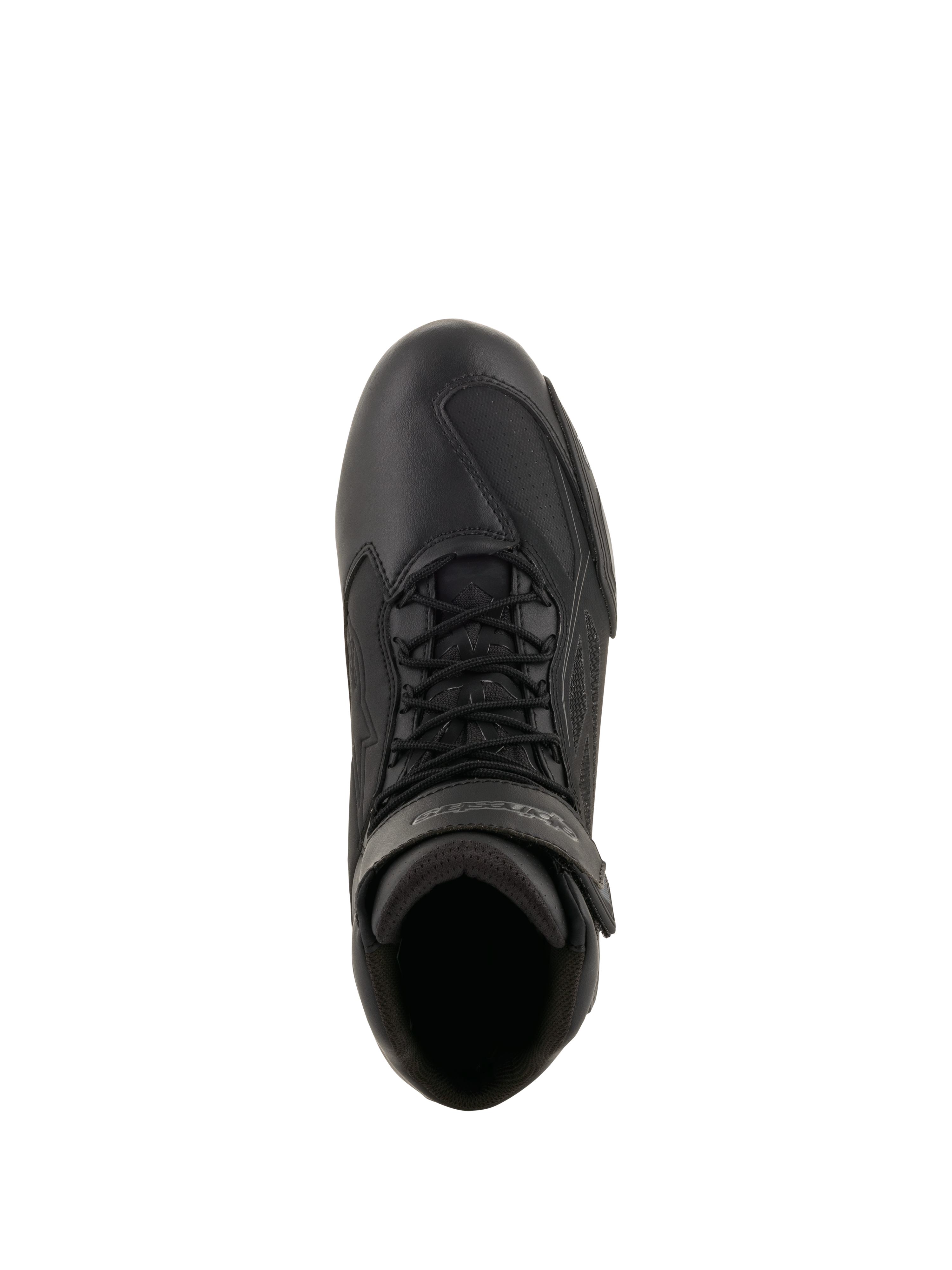 Alpinestars Faster-3 Drystar® Riding Shoes, Motorcycle Riding Shoes, Black and Cool Gray, top-down view showing microfiber chassis, black laces, and hook and loop ankle strap, technical sport-inspired design for all-weather road riding