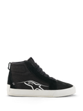 Alpinestars Ride-63 Canvas Shoes, Black and White High-Top Motorcycle Sneakers, Urban Casual Riding Footwear, Canvas and Suede Upper, Side Profile with White Astars Logo, Flat White Rubber Sole