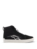 Alpinestars Ride-63 Canvas Shoes, Urban Motorcycle Riding Shoes, Black and White, Large white Astars logo on the side, thick white flat sole, white laces, casual high-top sneaker design
