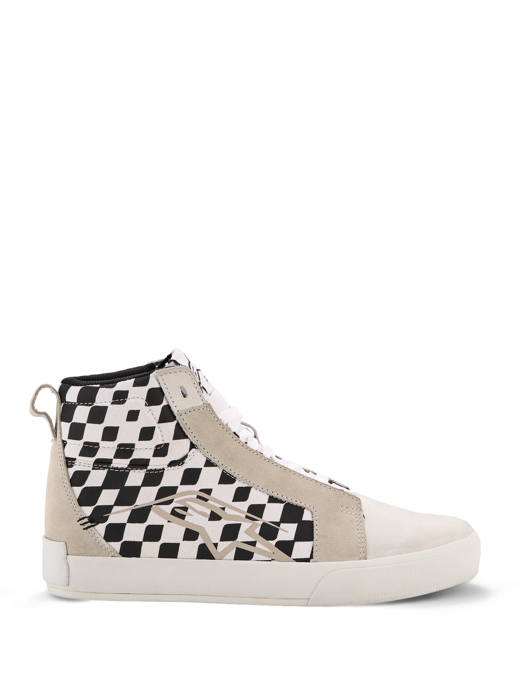 Alpinestars Ride-63 Canvas Shoes, zapatillas de moto urbanas de caña alta, paneles laterales con diseño de cuadros blancos y negros, refuerzos de ante beige, suela vulcanizada blanca, calzado casual inspirado en el motociclismo