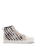 Alpinestars Ride-63 Canvas Shoes, zapatillas de moto urbanas de caña alta, paneles laterales con diseño de cuadros blancos y negros, refuerzos de ante beige, suela vulcanizada blanca, calzado casual inspirado en el motociclismo